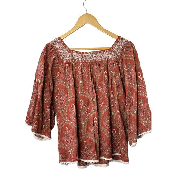 RACHEL ZOE Boho Floral Embroidered Short Sleeve Top Women's Medium Loose Fit - Picture 2 of 8